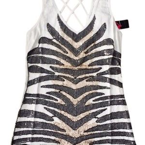NWT 2b Bebe Black White Gold Animal Print Tiger Sequin Bead Stripe Strap Top XS
